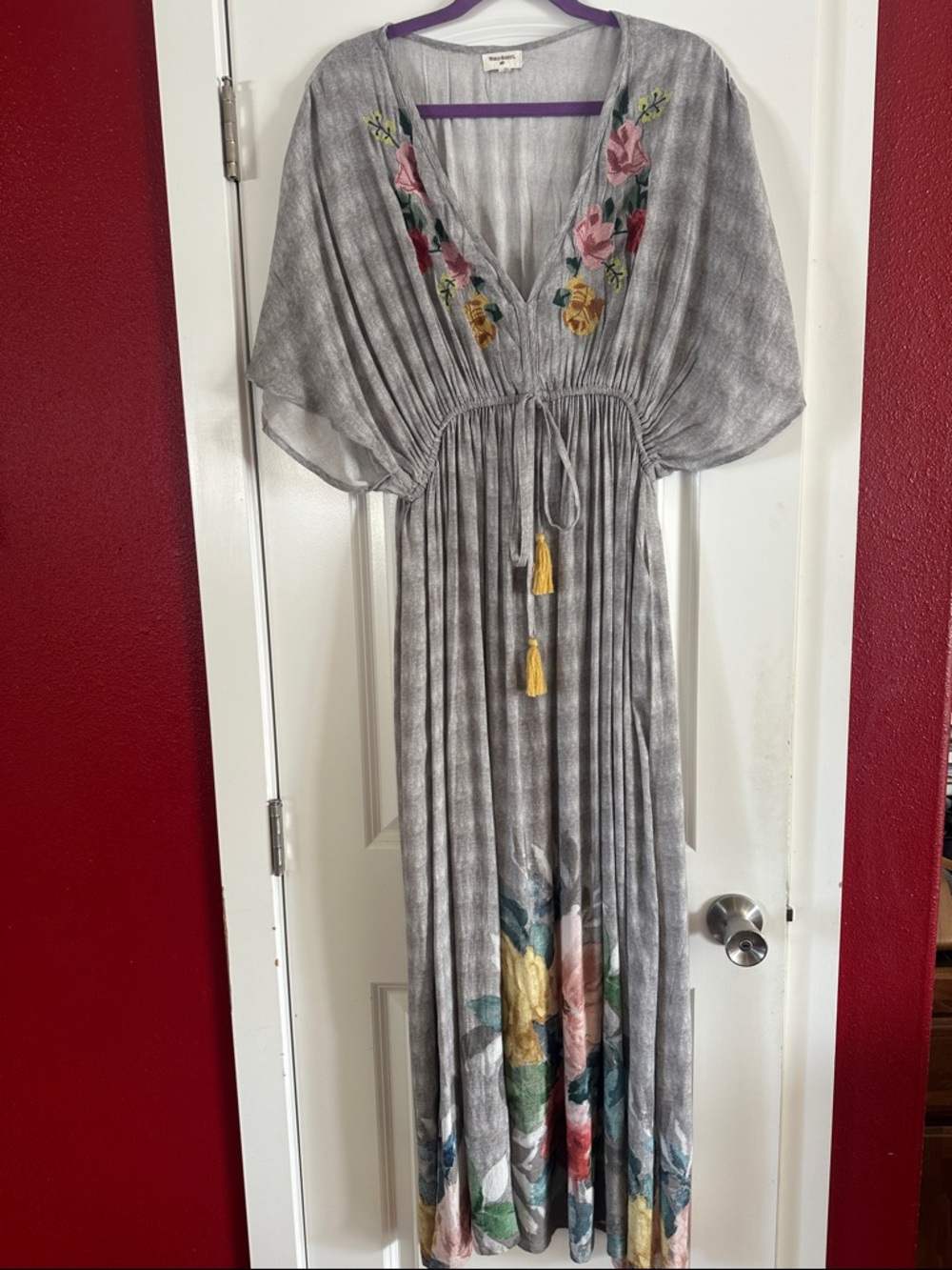World Market Grey Embroidered Floral V-neck  Kimono L/XL CoverUp Maxi Dress